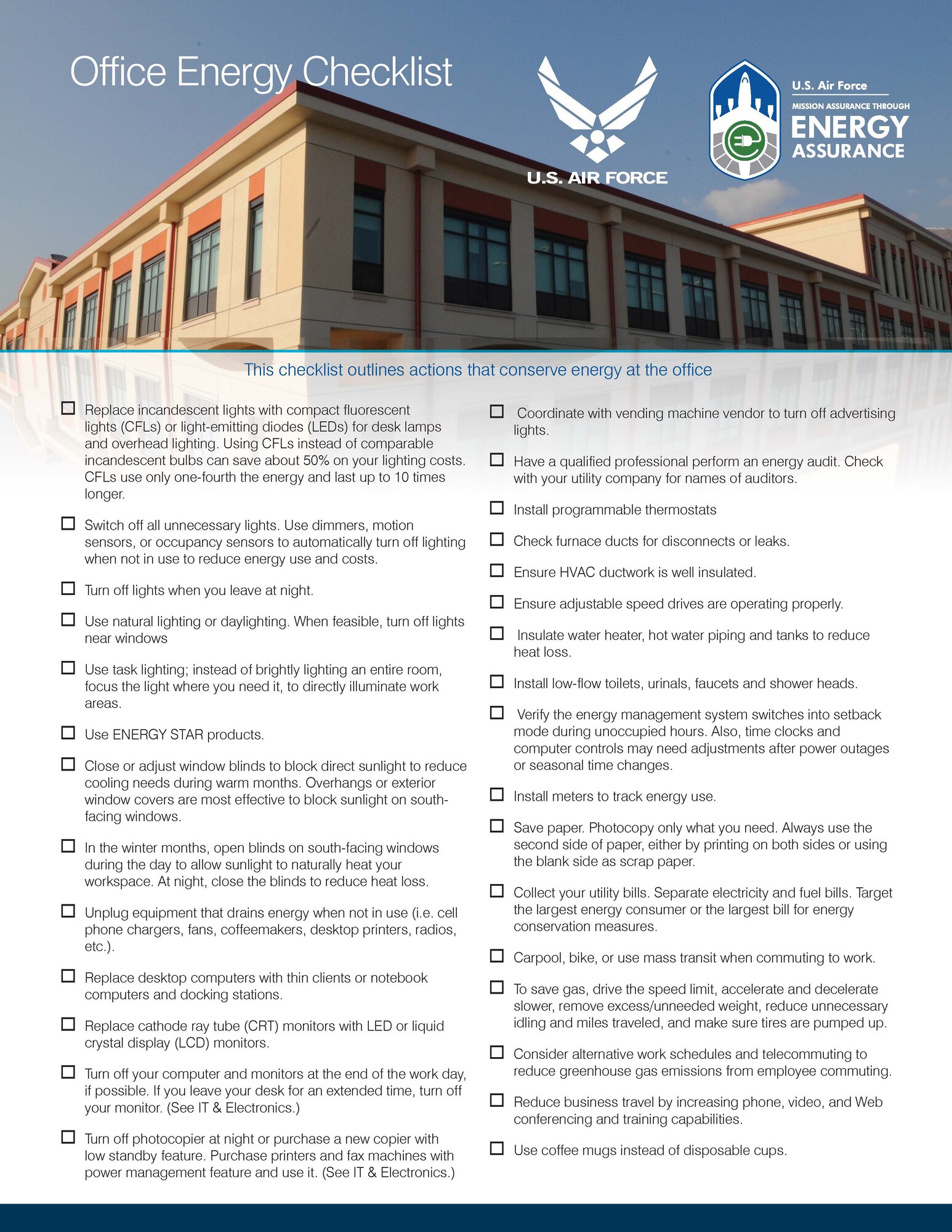 This checklist outlines actions that conserve energy at the office