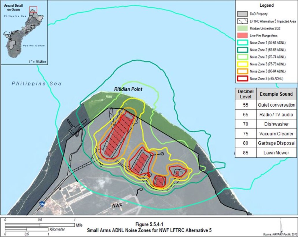 The Noise Study located within the SEIS depicts the average sound level in decibels. Due to the topography and vegetation of the land, most noise stays within the military installation.