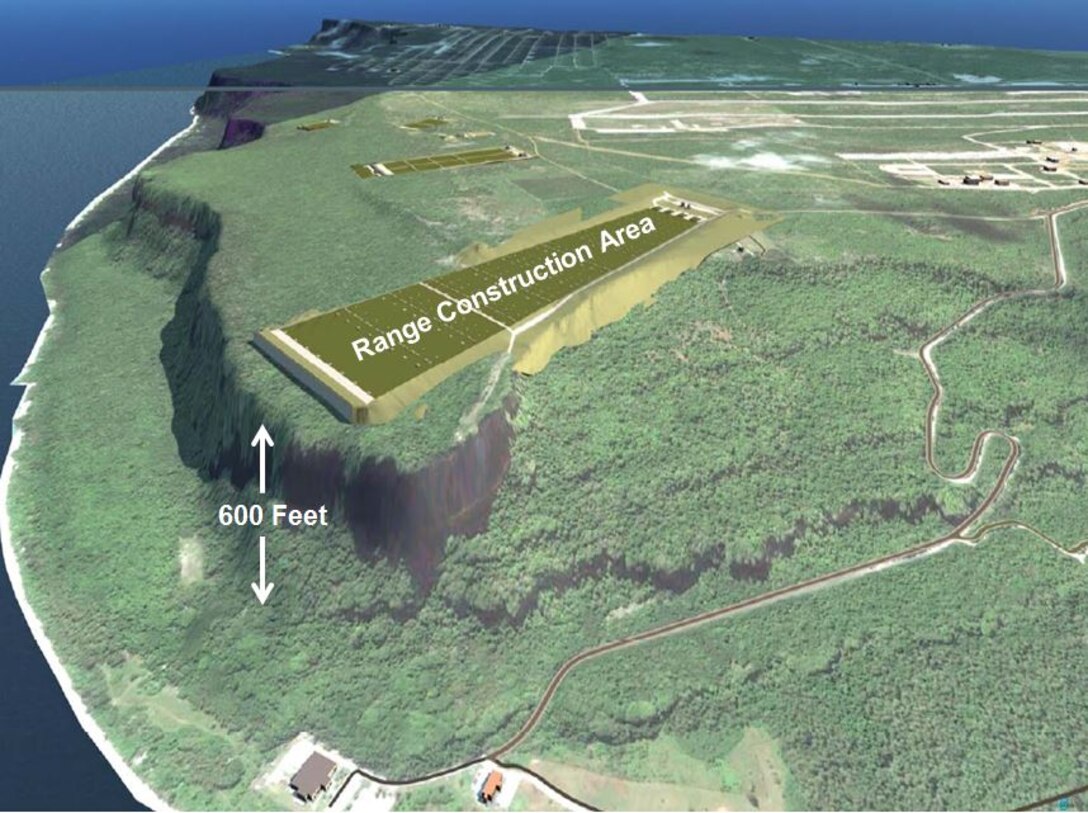 This is a rendering of the Multi-Purpose Machine Gun Range to be built on Northwest Field, Andersen Air Force Base. There is no physical impact to the U.S. Fish & Wildlife Ritidian Unit for two reasons. First, bullets from weapons are caught in specially designed berms at the north end of each range. Second, the Ritidian unit is located 600 feet below at the bottom of the cliff. There are also no impacts to two latte sites located at the bottom of the cliff as well.