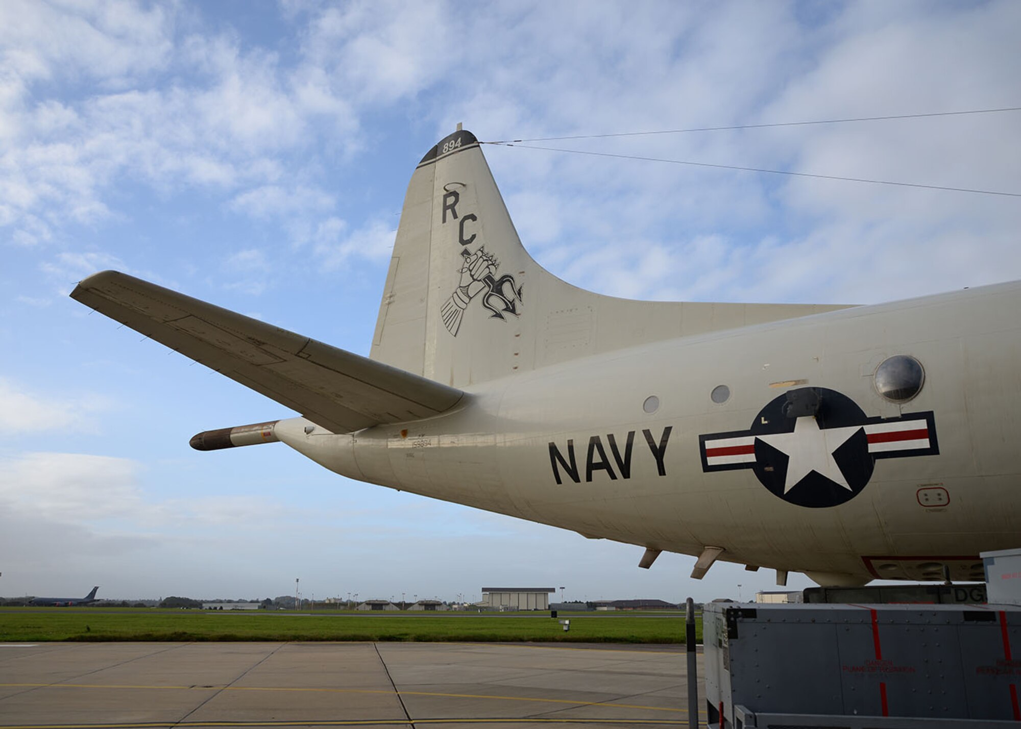 A U.S. Navy P-3C Orion aircraft sits on a hardstand as it is prepared for its return home Oct. 2, 2017, after stopping overnight at RAF Mildenhall, England. The VP-46 Grey Knights, Naval Air Station Whidbey Island, Wash., were returning from a six-month deployment in support of U.S. Central Command operations and are now on their way home. (U.S. Air Force photos by Karen Abeyasekere)