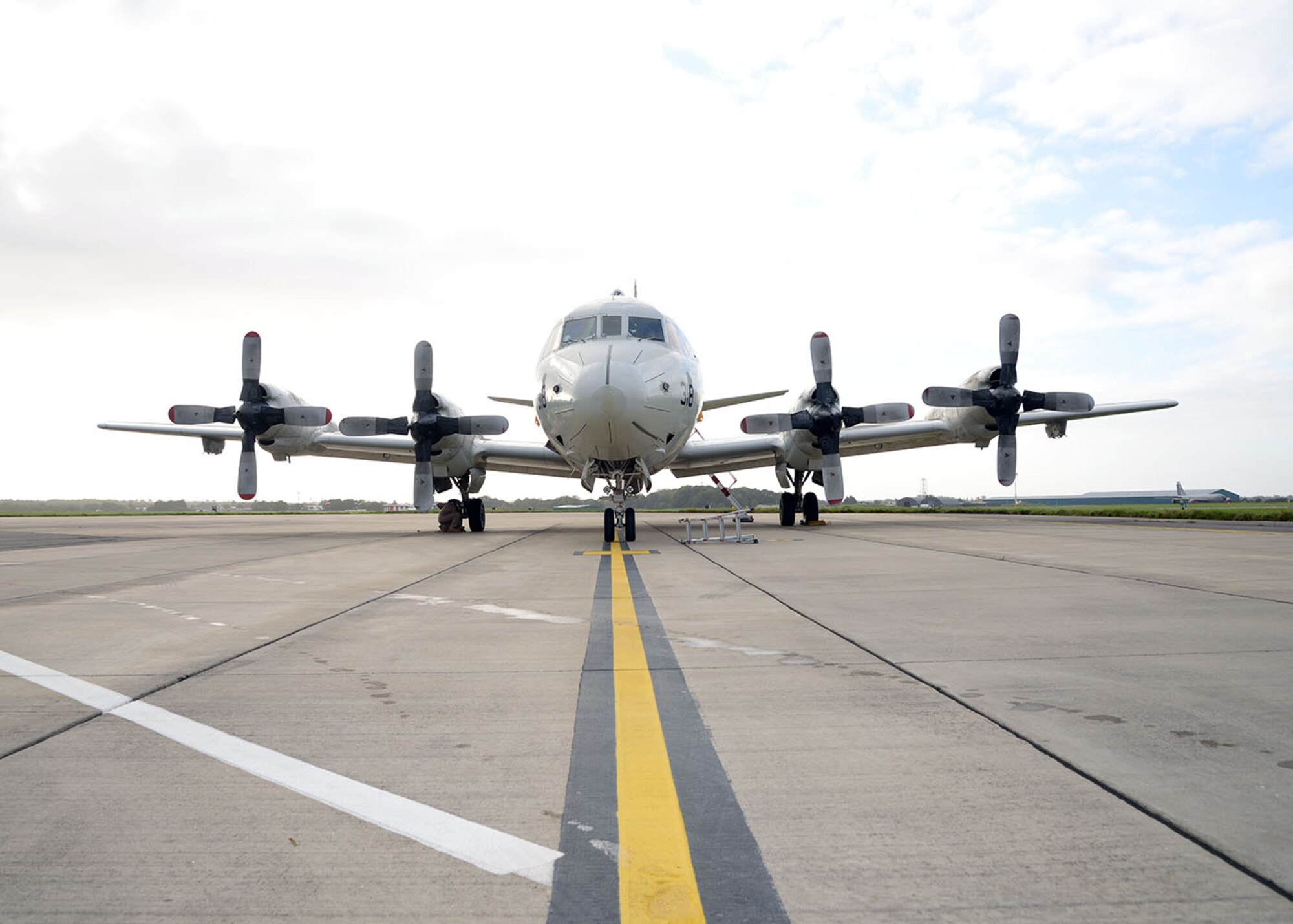 A U.S. Navy P-3C Orion aircraft sits on the flightline Oct. 2, 2017, on RAF Mildenhall, England. Two of the U.S. Navy aircraft, manned by the VP-46 Grey Knights from Naval Air Station Whidbey Island, Wash., were returning from a six-month deployment in support of U.S. Central Command operations and stopped overnight at RAF Mildenhall on their way home. (U.S. Air Force photos by Karen Abeyasekere)