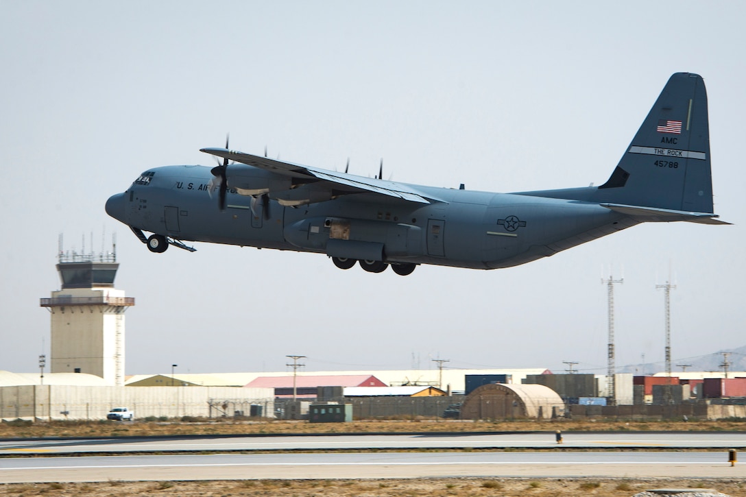 An Air Force C-130J Super Hercules aircraft takes off on a mission from Bagram Airfield.