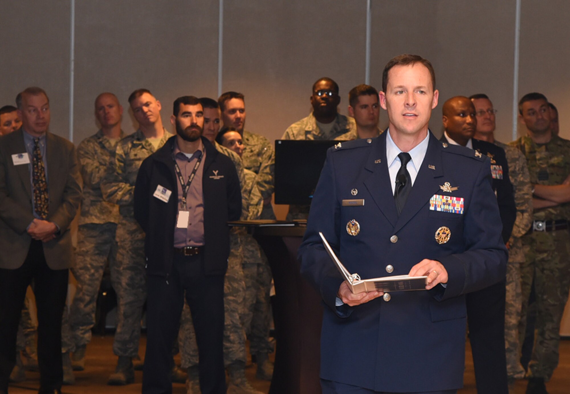 Col. Todd Moore, 21st Space Wing commander, presented his State of the Wing address Wednesday, Oct. 4, 2017 at The Club on Peterson Air Force Base, Colo. The address offered civic leaders a review of his first few months in command of the wing, as well as a look at what to expect in the upcoming year. (U.S. Air Force Photo by Steve Kotecki)