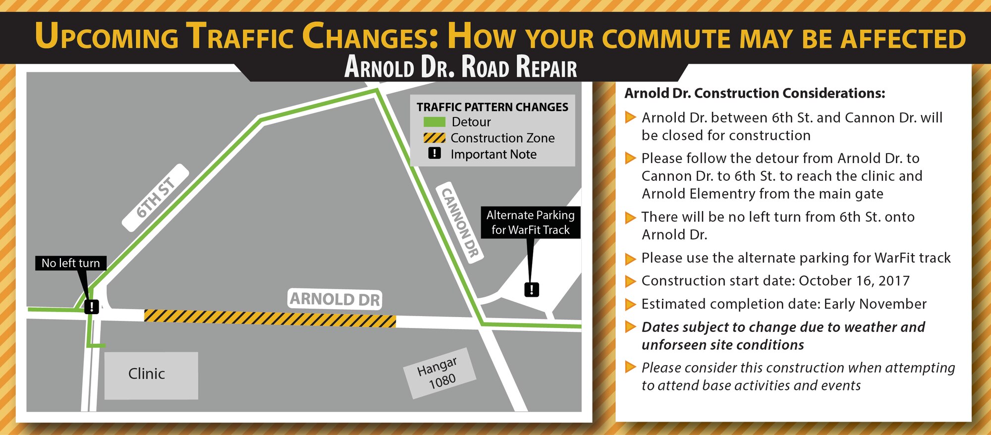 Traffic construction detour represents the newest phase of construction on Arnold Drive, which will begin
Oct. 16, 2017.