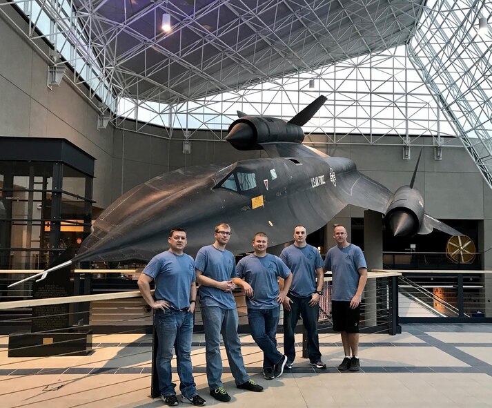 Airmen from the 820th Intelligence Squadron, Offutt Air Force Base, Nebraska, clean an SR-71 Blackbird Oct. 3, 2017 on display at the Strategic Air Command Aerospace Museum, Ashland, Nebraska.