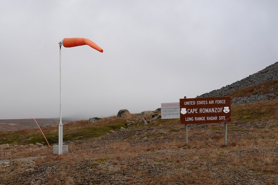 Upon landing and roll out, the chartered aircraft arrives at the northeast end of Cape Romanzof’s runway on Sep. 25, 2017, where everyone is greeted by the long range radar sites cold, windy and overcast conditions. (U.S. Air Force photo by Alex R. Lloyd)