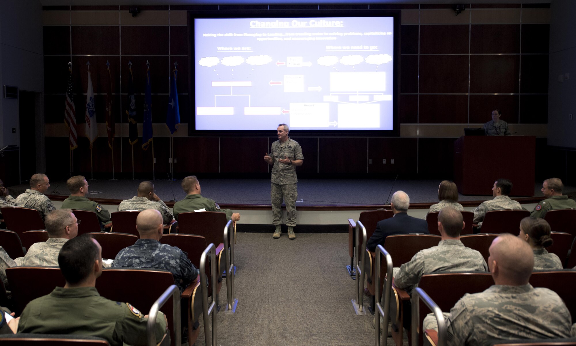 U.S. Air Force Lt. Gen. Darryl Roberson, Air Education and Training Command commander, speaks with members of the 33rd Fighter Wing during a senior leadership all-call Oct. 3, 2017, at Eglin Air Force Base, Fla. During Roberson's visit to the wing, he hosted a senior leadership all-call, during which he lauded the Nomad's progress with the F-35 program throughout the expansion the wing has undergone during recent years.  (U.S. Air Force photo by Staff Sgt. Peter Thompson)