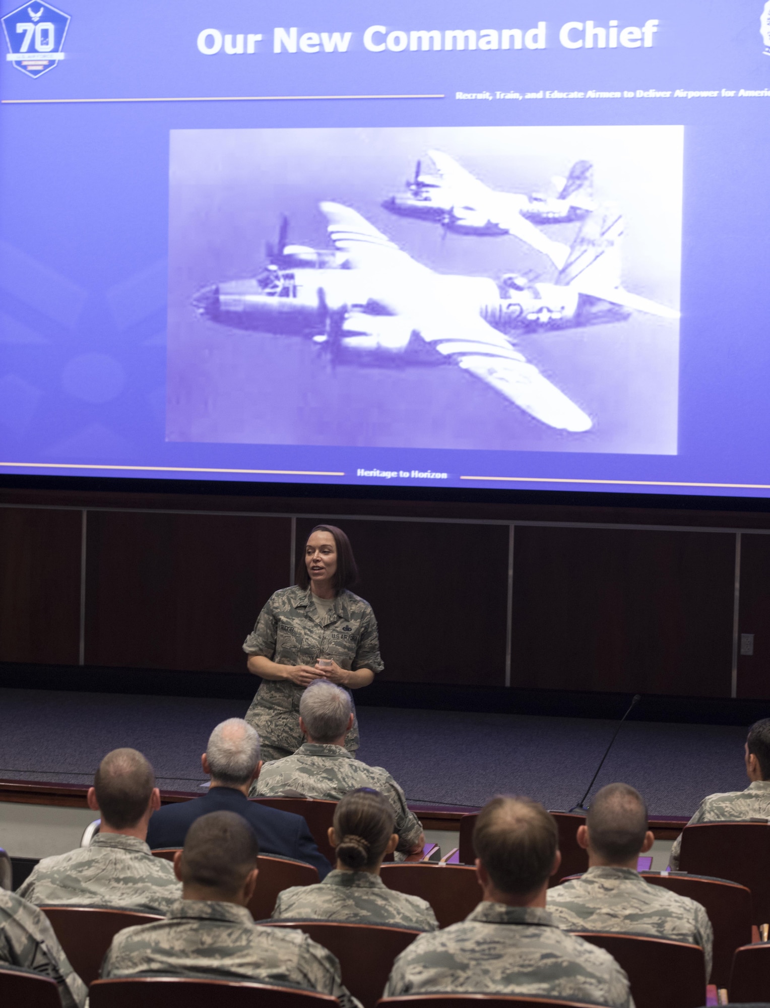 U.S. Air Force Chief Master Sgt. Juliet Gudgel, Air Education and Training Command command chief, speaks with members of the 33rd Fighter Wing during a senior leadership all-call Oct. 3, 2017, at Eglin Air Force Base, Fla. During Gudgel's first visit to the wing, she discussed the importance of creating an atmosphere that promotes innovation in the work place. (U.S. Air Force photo by Staff Sgt. Peter Thompson)
