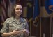 U.S. Air Force Chief Master Sgt. Juliet Gudgel, Air Education and Training Command command chief, speaks with members of the 33rd Fighter Wing during a senior leadership all-call Oct. 3, 2017, at Eglin Air Force Base, Fla. During Gudgel's first visit, she introduced herself to wing leadership and discussed the roles that each leader should take to promote change at their level. (U.S. Air Force photo by Staff Sgt. Peter Thompson)