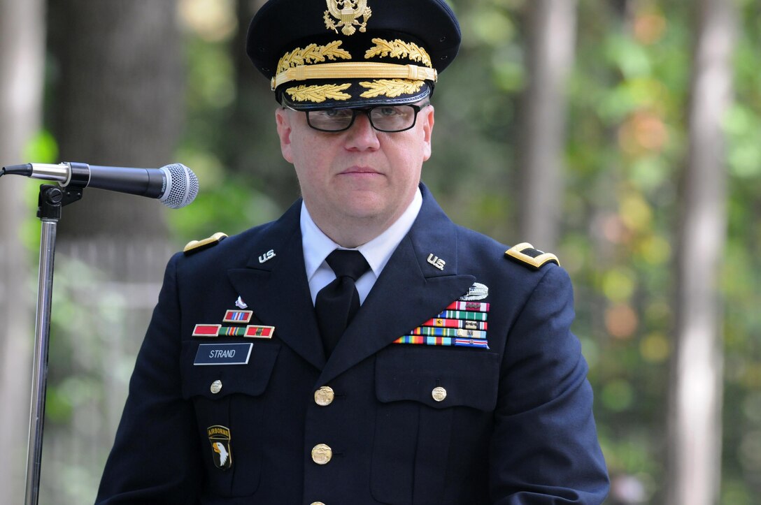 Brigadier Gen. Stephen E. Strand, deputy chief of engineers (Reserve affairs), speaks about President Rutherford B. Hayes during a ceremony honoring the 19th president of the United States in Fremont, Ohio, October 8.