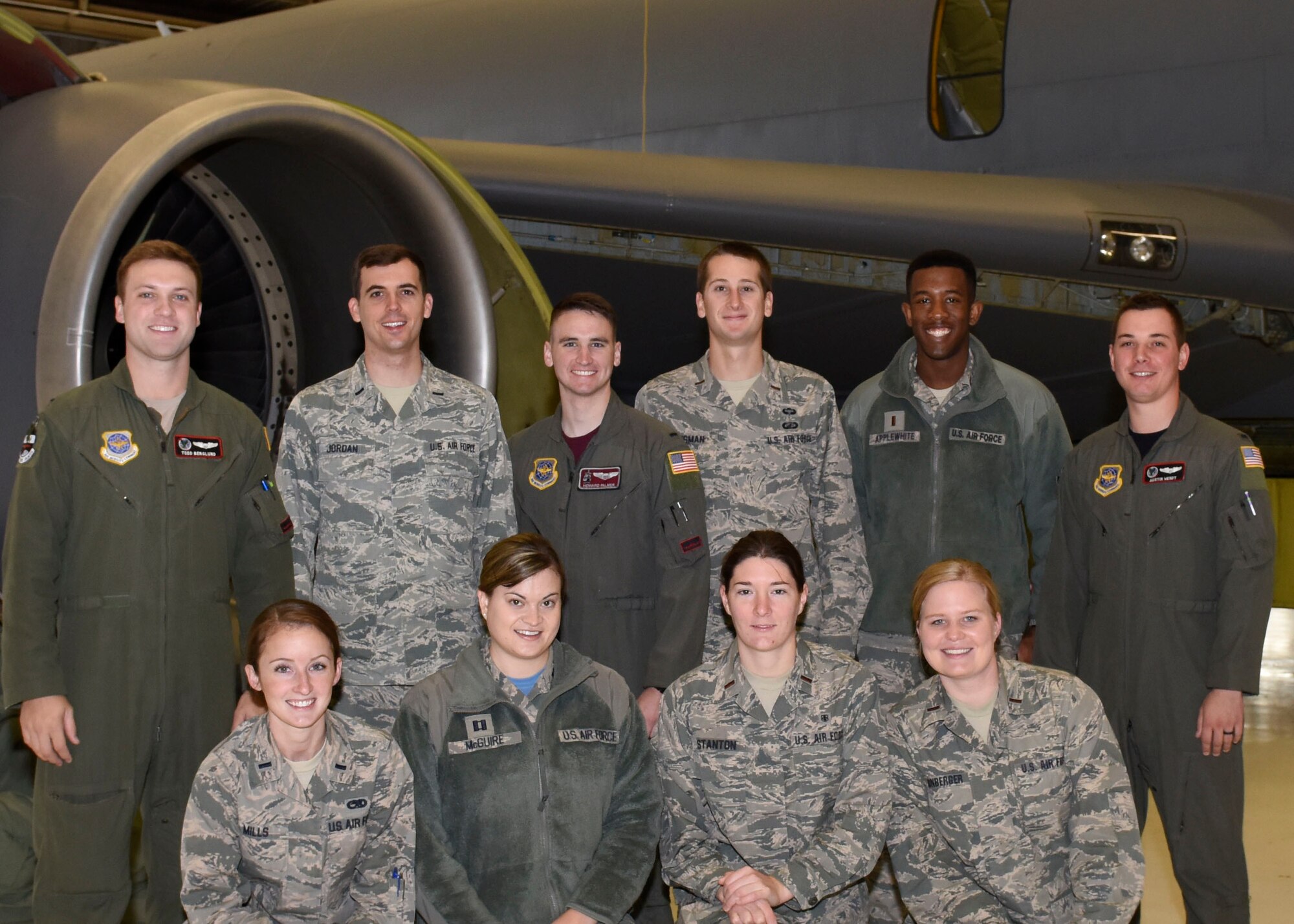 A group of company grade officers pose for a photo during a Mission Orientation Brief of a KC-135 Stratotanker at Fairchild Air Force Base, Washington, October 6, 2017. The MOB is a week-long, stay-at-home, temporary duty tour held quarterly that contains a myriad of opportunities for CGOs anywhere on base to learn the full spectrum of Fairchild's mission. (U.S. Air Force photo by Airman 1st Class Jesenia Landaverde)