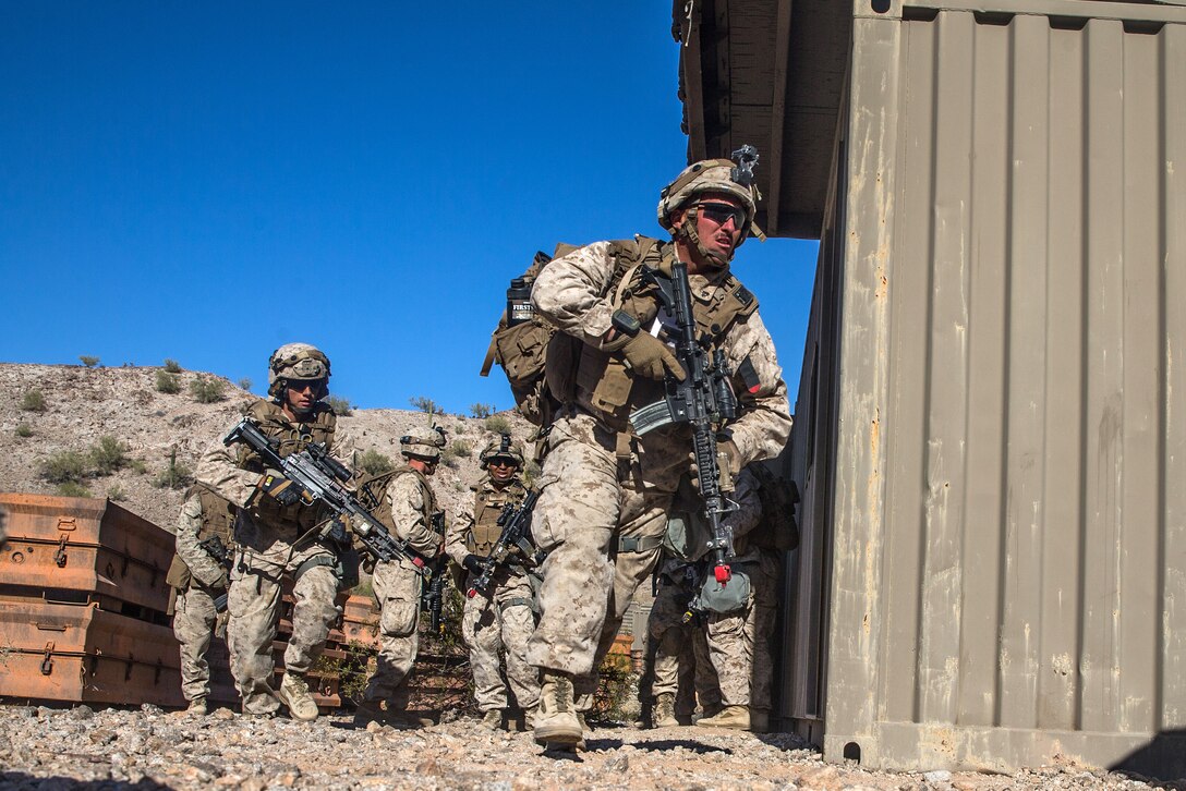 Marines participate in an assault support training exercise during a weapons and tactics instructor course.