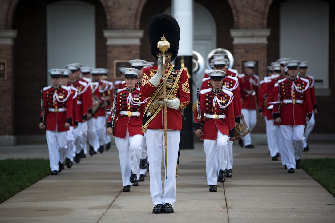Master Sgt. Duane F. King, drum major, “The President’s Own” U.S. Marine Band, marches the band onto the parade deck during a Troop Review Ceremony for Commandant General of the British Royal Marines, Maj. Gen. Robert A. Magowan, at Marine Barracks Washington D.C., October 10, 2017. General Magowan is the Commandant of General Royal Marines and the Commander of the United Kingdom Amphibious Forces. The hosting official for the ceremony was the Commandant of the Marine Corps, Gen. Robert B. Neller. (Official Marine Corps photo by Cpl. Robert Knapp/Released)