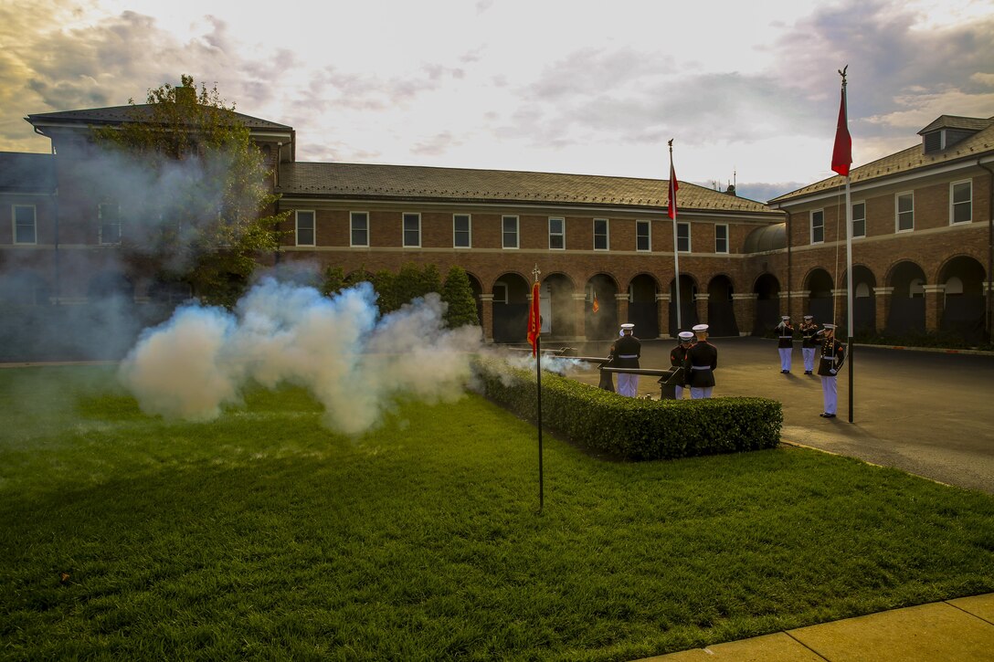 Marine Corps Body Bearers with Bravo Company, Marine Barracks Washington D.C., fire a cannon volley to render honors to Commandant General of the British Royal Marines, Maj. Gen. Robert A. Magowan, during a Troop Review Ceremony at the Barracks, October 10, 2017. The hosting official for the ceremony was the Commandant of the Marine Corps, Gen. Robert B. Neller. (Official Marine Corps photo by Lance Cpl. Damon McLean/Released)