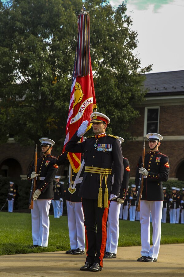 Commandant General of the British Royal Marines, Maj. Gen. Robert A. Magowan, renders a salute during a Troop Review Ceremony at Marine Barracks Washington D.C., October 10, 2017. The hosting official for the ceremony was the Commandant of the Marine Corps, Gen. Robert B. Neller. (Official Marine Corps photo by Lance Cpl. Damon McLean/Released)