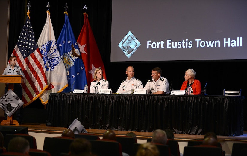 U.S. Army Maj. Gen. Malcolm Frost, Center for Initial Military Training and Senior Army Element commander, answers an audience member’s question during a Fort Eustis’ Town Hall at Joint Base Langley-Eustis, Va., Oct. 5, 2017.