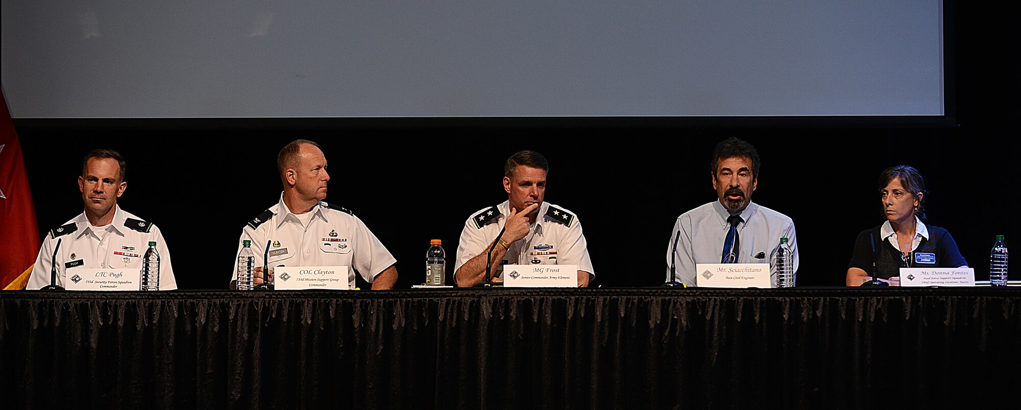Mark Sciacchitano, 733rd Civil Engineer Division director, addresses a question from an online viewer during the town hall meeting at Joint Base Langley-Eustis, Va., Oct. 5, 2017.