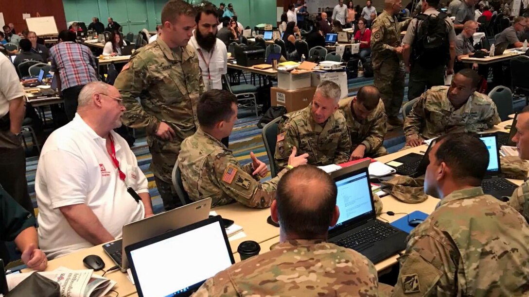 Lt. Gen. Todd Semonite, discusses the status of Puerto Rico power missions with Albuquerque District team members.  The U.S. Army Corps of Engineers is working closely with local, state and federal partners to assist the relief mission. Click below to view video...