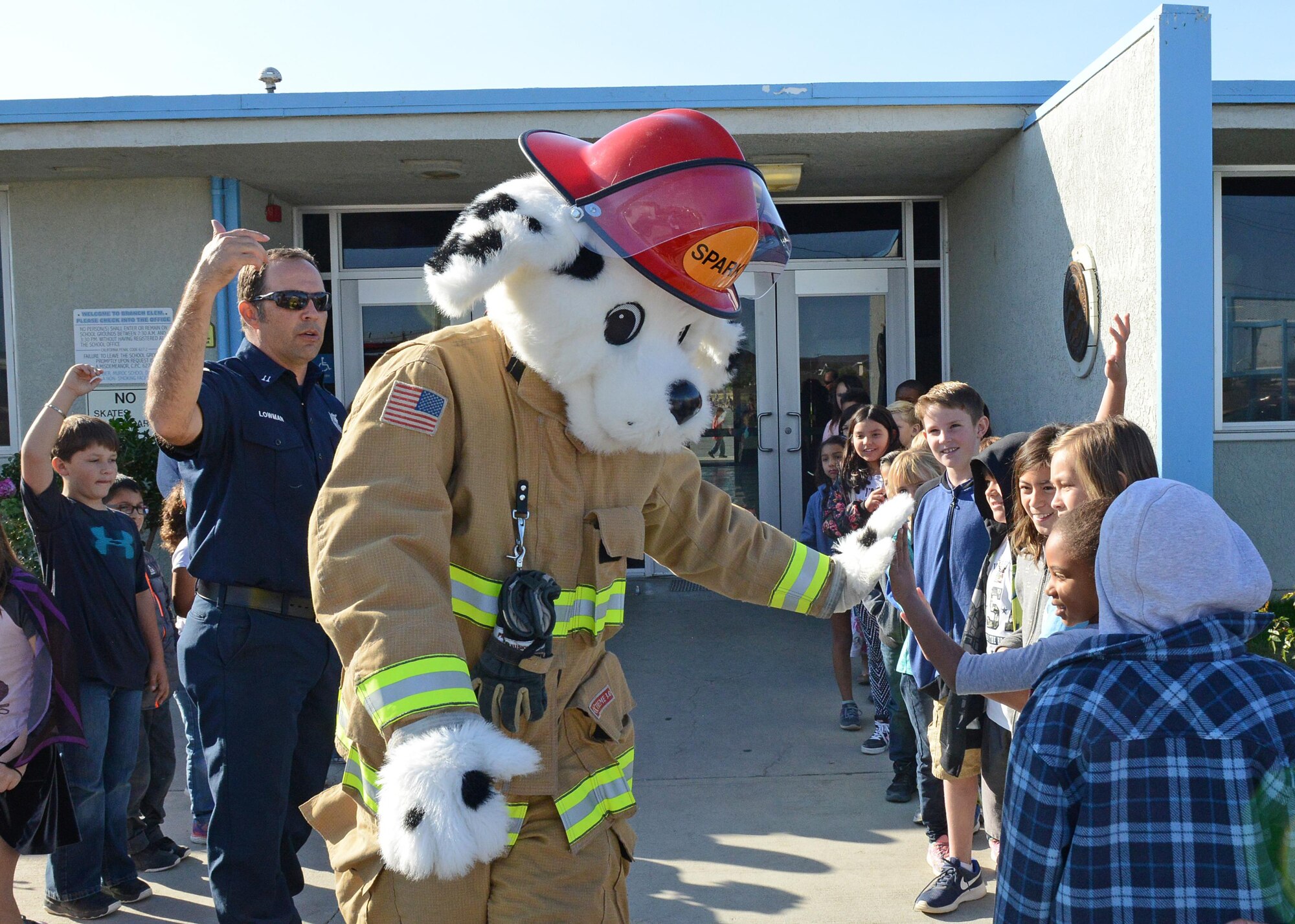 Edwards Air Force Base Fire Department personnel visit students at Branch Elementary at Edwards AFB.