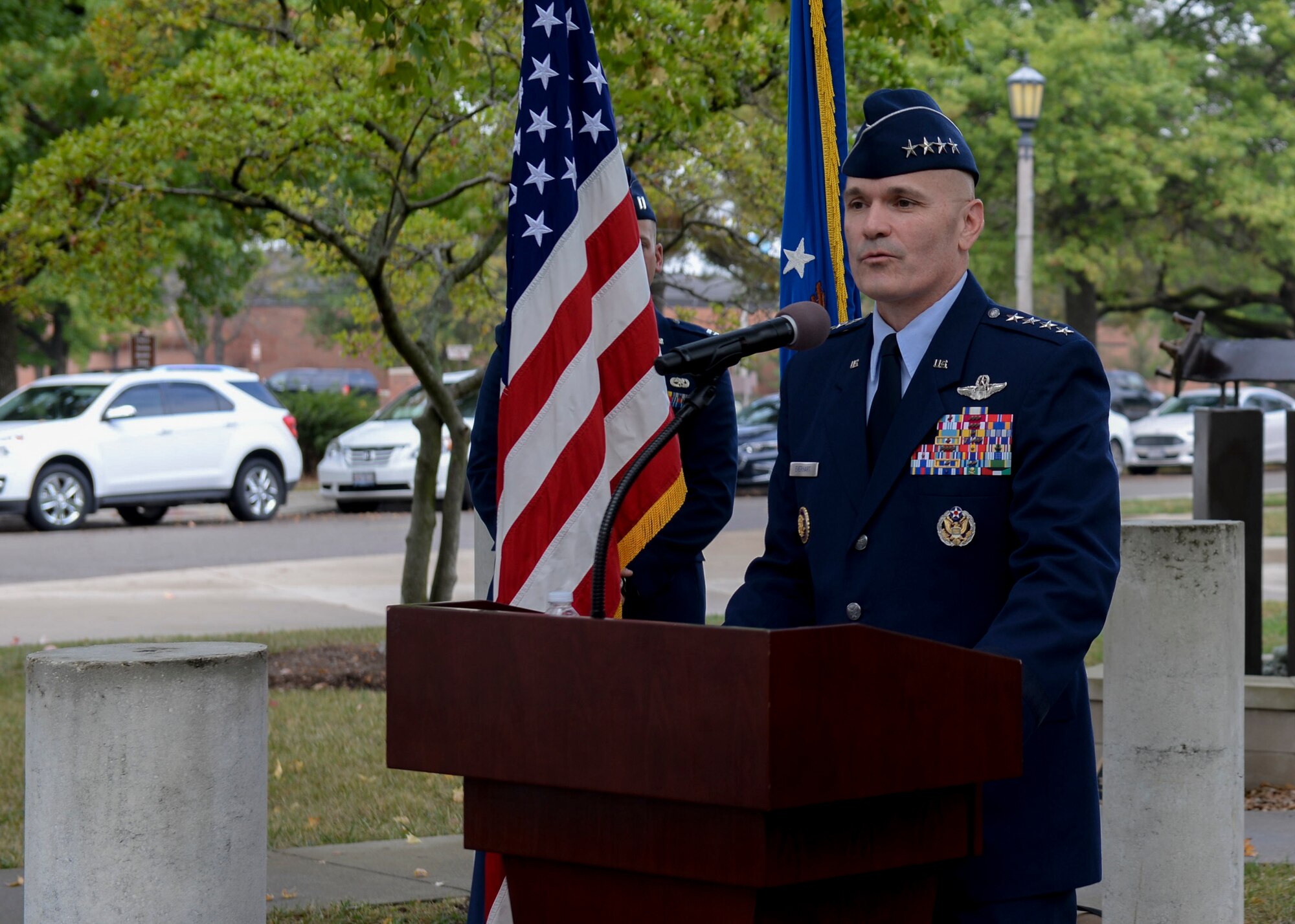 Gen. Carlton Everhart, Air Mobility Command commander, speaks at AMC's Walk of Fame induction ceremony for Sir Alan Cobham, Oct. 5, 2017, at Scott Air Force Base, Ill.