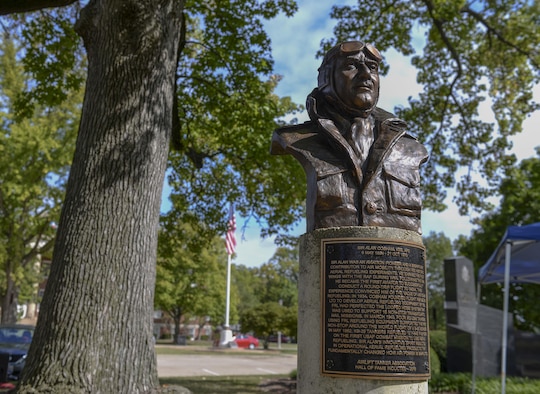 Sir Alan Cobham's memorial stands along the Air Mobility Command's Walk of Fame after his induction ceremony, Oct. 5, 2017, at Scott Air Force Base, Ill.