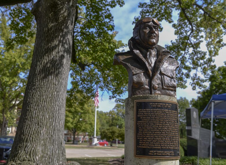 Sir Alan Cobham's memorial stands along the Air Mobility Command's Walk of Fame after his induction ceremony, Oct. 5, 2017, at Scott Air Force Base, Ill.