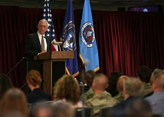 FORT MEADE, Md. -- Secretary of Defense James Mattis addresses a joint USCYBERCOM and NSA workforce here June 19. Navy Adm. Michael Rogers, Commander of USCYBERCOM, met with Mattis and hosted him for a brief tour of the facility.