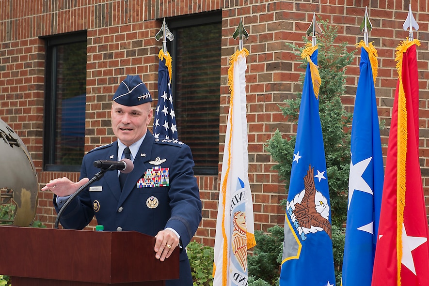 Gen. Carlton D. Everhart II, Air Mobility Command commander, describes Gen. Duane H. Cassidy’s legacy during a dedication ceremony renaming the Global Reach and Planning Center to the Gen. Duane H. Cassidy Conference Center, at Scott Air Force Base, Ill.