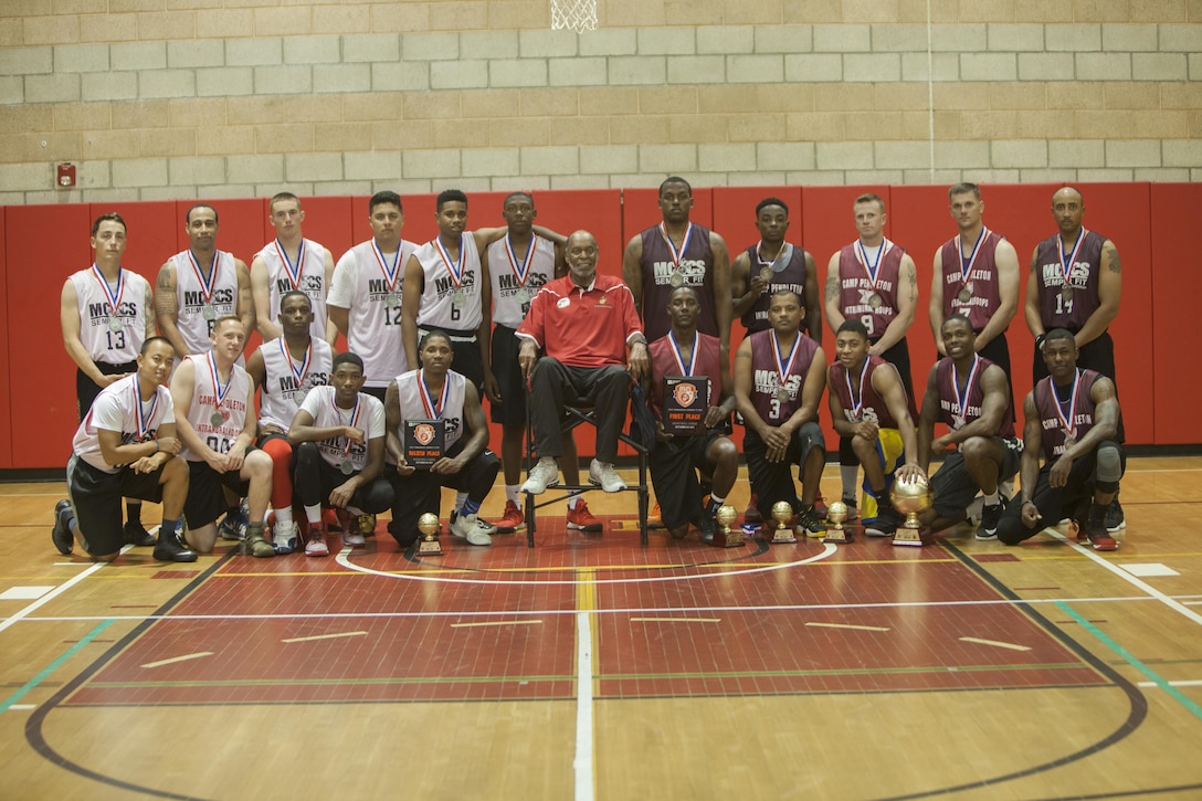 Retired Sgt. Maj. Chris Crawford, center, basketball and golf league director for MCCS Camp Pendleton, oversees the Raiders and Tracks teams during the 2017 USAA Commanding General’s Cup championship basketball tournament at Paige Fieldhouse on Camp Pendleton, Calif., Sept. 28, 2017.  1st Marine Raider Support Battalion, U.S. Marine Corps Forces, Special Operations Command played against Assault Amphibian School Battalion (Tracks) in the championship game, losing 84-74. (U.S. Marine Corps photo by Cpl. Bryann K. Whitley)
