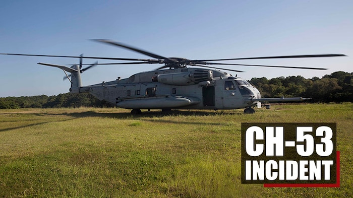 A CH-53 Super Stallion lands in a field at Marine Corps Air Station New River, N.C., during a formation flight, Sept. 25, 2017. The formation flight allowed the Marines to showcase their ability to plan and execute an eight-aircraft formation. The Marines are with HMHT-302. (Marine Corps photo by Pfc. Nicholas Guevara)