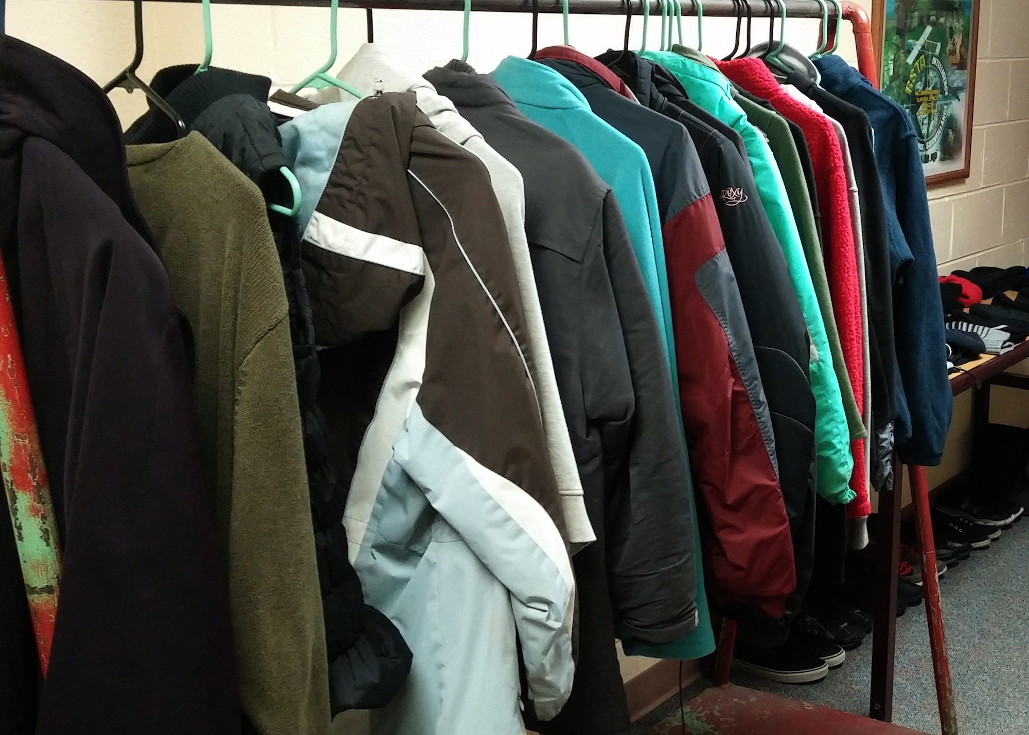 Winter clothing is displayed in the basement of the Military & Family Readiness Center at Joint Base Elmendorf-Richardson, Alaska, Oct. 5, 2017. JBER’s M&FRC is offering clean, gently-used free coats to keep children warm this winter. This program is open to families of all service branches. (U.S. Air Force photo/Reece Baldwin)