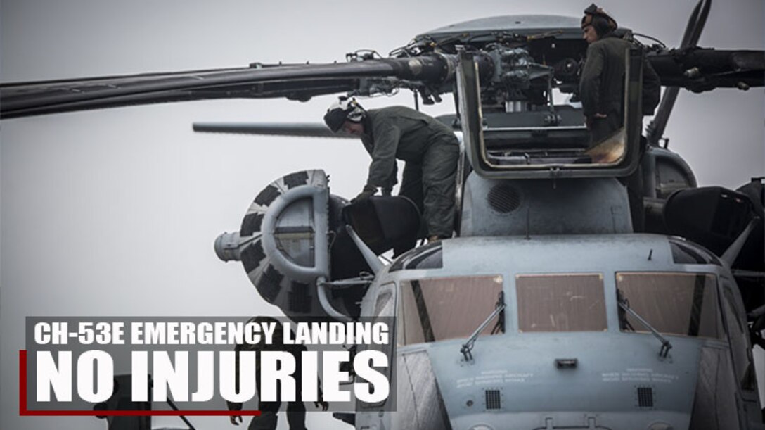 MARINE CORPS BASE CAMP BUTLER, Okinawa, Japan – – A CH-53E Super Stallion helicopter
 belonging to 1st Marine Aircraft Wing was conducting regularly scheduled training when it was forced to
 make an emergency landing at a field outside the Northern Training Area due to an inflight fire at
 approximately 5:20 pm today. There were no injuries to the crew or civilians as a result of this incident.
 Local first responders attended to the incident quickly and extinguished the fire.
 The cause of this incident is under investigation and there is limited information at this time. We are
 currently working with local and military police to secure the site for follow on investigation and
 everyone's safety. Additional details will be released when information is available.