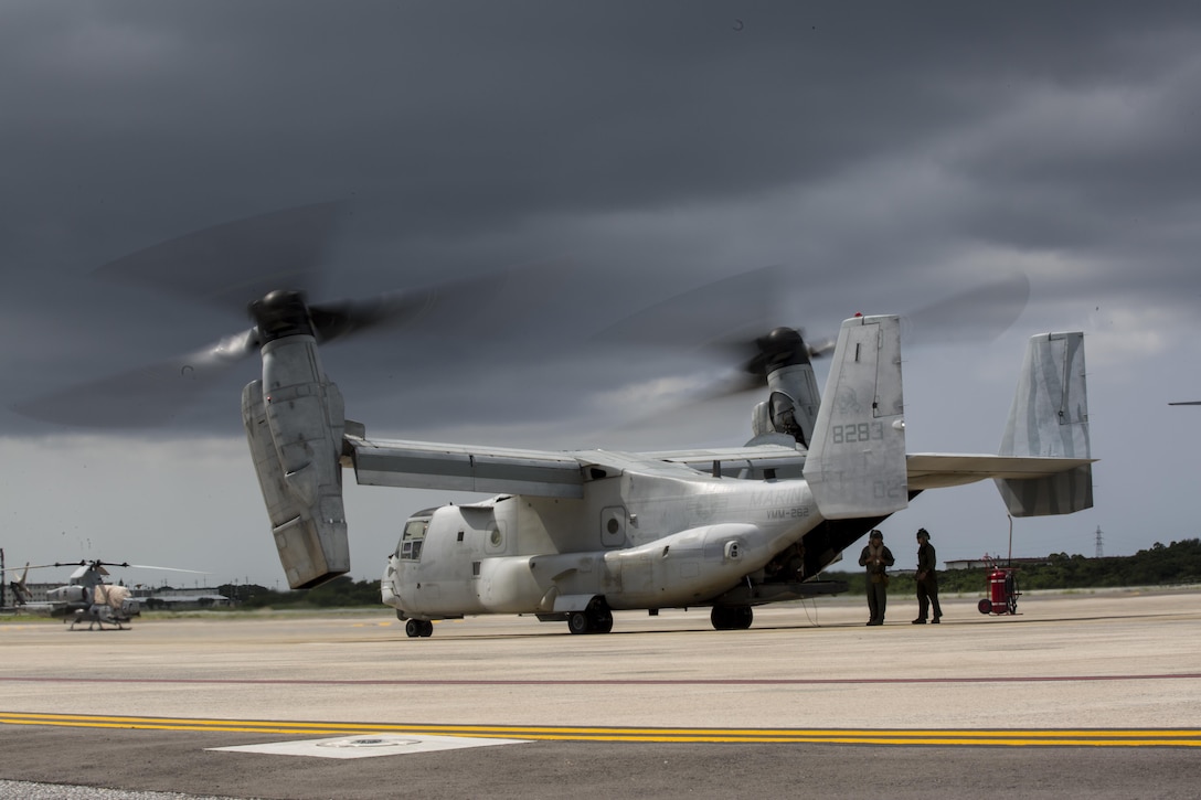 An MV-22 Osprey with Marine Medium Tiltrotor Squadron 262 prepares to take off from Marine Corps Air Station Futenma, Okinawa, Japan, September 29, 2017, in support of exercise KAMANDAG.  Bilateral exercises such as KAMANDAG increase the ability of the United States and the Philippines to rapidly respond and work together during real world terrorist or humanitarian crises, in order to accomplish the mission, support the local population and help mitigate human suffering. VMM-262 is assigned to Marine Aircraft Group 36, 1st Marine Aircraft Wing. In preparation for KAMANDAG, the Ospreys served as transportation for 3rd Marine Expeditionary Brigade's joint humanitarian assistance survey team.