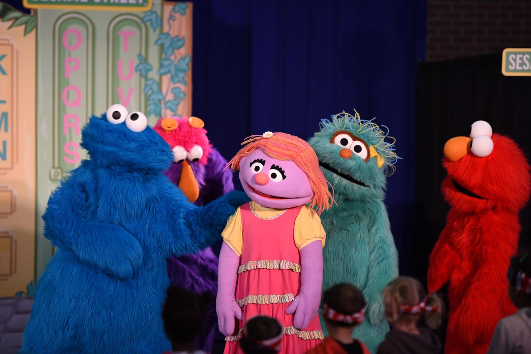 Sesame Street characters talk about the hard parts about moving to a military base at the USO’s Sesame Street Tour on Ramstein Air Base, Oct. 5, 2017. Like many military kids, Katie (center) is moving with her family to a military base and doesn’t want to leave Sesame Street.