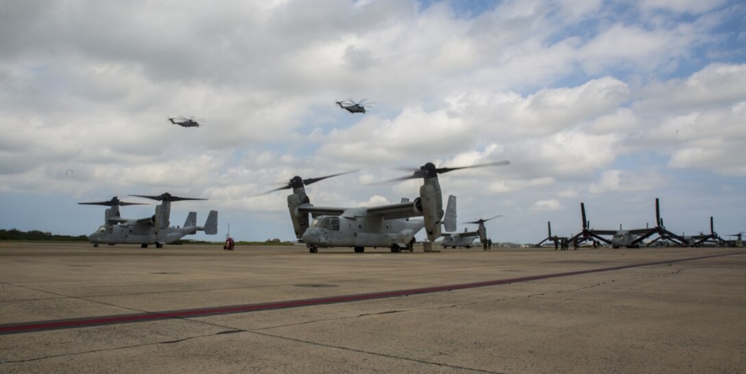 Two MV-22 Ospreys with Marine Medium Tiltrotor Squadron 262 prepare to take off from Marine Corps Air Station Futenma, Okinawa, Japan, September 29, 2017, in support of exercise KAMANDAG. Bilateral exercises such as KAMANDAG increase the ability of the United States and the Philippines to rapidly respond and work together during real world terrorist or humanitarian crises, in order to accomplish the mission, support the local population and help mitigate human suffering. VMM-262 is assigned to Marine Aircraft Group 36, 1st Marine Aircraft Wing. In preparation for KAMANDAG, the Ospreys served as transportation for 3rd Marine Expeditionary Brigade's joint humanitarian assistance survey team.