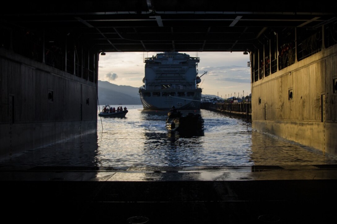 U.S. Marines with Amphibious Assault Company, Combat Assault Battalion, 3rd Marine Division, embark Assault Amphibious Vehicles onto the Philippine Navy’s BRP Tarlac (LD 601) during exercise KAMANDAG, Subic Bay, Philippines, October 2, 2017. Bilateral exercises such as KAMANDAG increase the ability of the United States and the Philippines to rapidly respond and work together during real world terrorist and humanitarian crises, in order to accomplish the mission, support the local population and help mitigate human suffering. (U.S. Marine Corps photo by Lance Cpl. Caleb T. Maher)