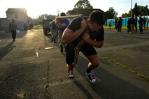 U.S. Air Force Senior Airman Devin Swain, 24th Intelligence Squadron intelligence analyst, participates in a humvee pull event during the 693rd Intelligence, Surveillance, and Reconnaissance Group’s Highland Games at Wiesbaden, Germany, Oct. 11, 2017. The 693rd ISRG’s units are scattered in several locations in Germany and converge every year in Wiesbaden for the competition. (U.S. Air Force photo by Airman 1st Class Joshua Magbanua)