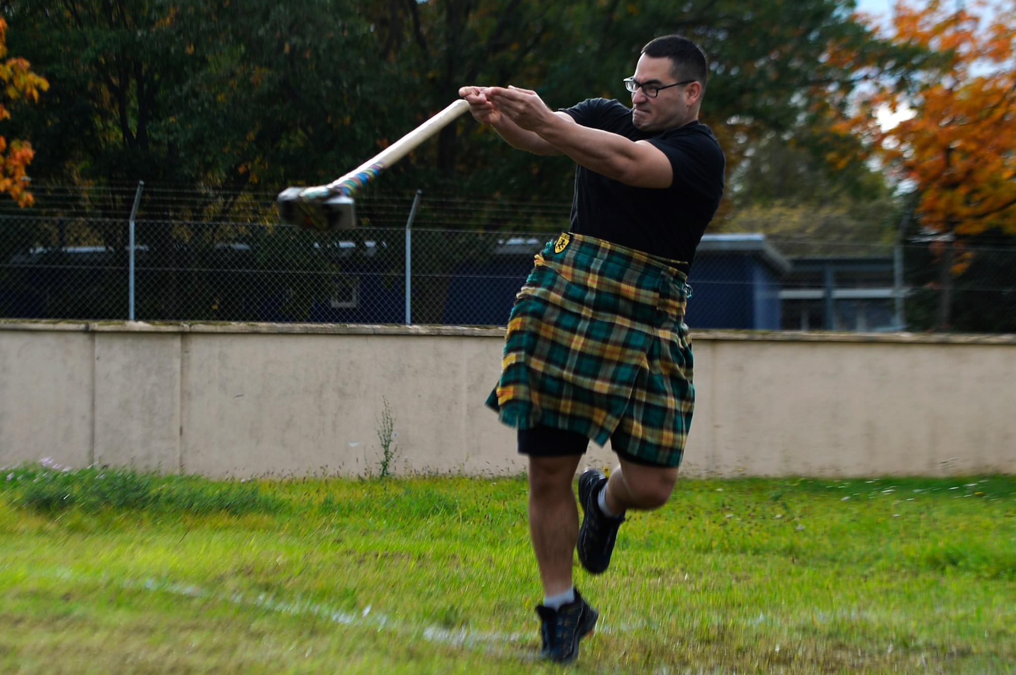 U.S. Air Force Tech. Sgt. Jeremy Goldman, 450th Intelligence Squadron noncommissioned officer in charge of training, participates in a hammer throw event during the 693rd Intelligence, Surveillance, and Reconnaissance Group’s Highland Games at Wiesbaden, Germany, Oct. 11, 2017. The games were inspired by the annual cultural and athletic events originating in Scotland. (U.S. Air Force photo by Airman 1st Class Joshua Magbanua)