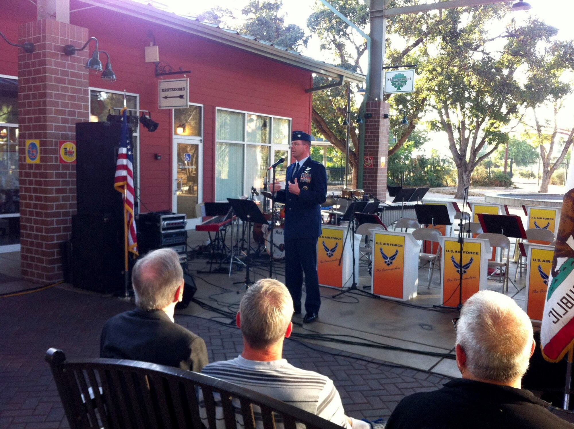 For the past 18 years, the Vaca Jazz Festival, Vacaville, Calif., has wrapped up four days of free music events with a military tribute, featuring the U.S. Air Force Band of the Golden West "Commanders" Jazz Ensemble. The Nut Tree Plaza was the backdrop for that finale Sept. 17, 2017, and invited guests included leaders from nearby Travis Air Force Base. Speaking on behalf of the Citizen Airmen of the 349th Air Mobility Wing was Vice Commander, Col. Adrian White, who emphasized how important the support of the community was to the reservists at Travis, who live and work locally, while serving globally. (U.S. Air Force photo/Ellen Hatfield)