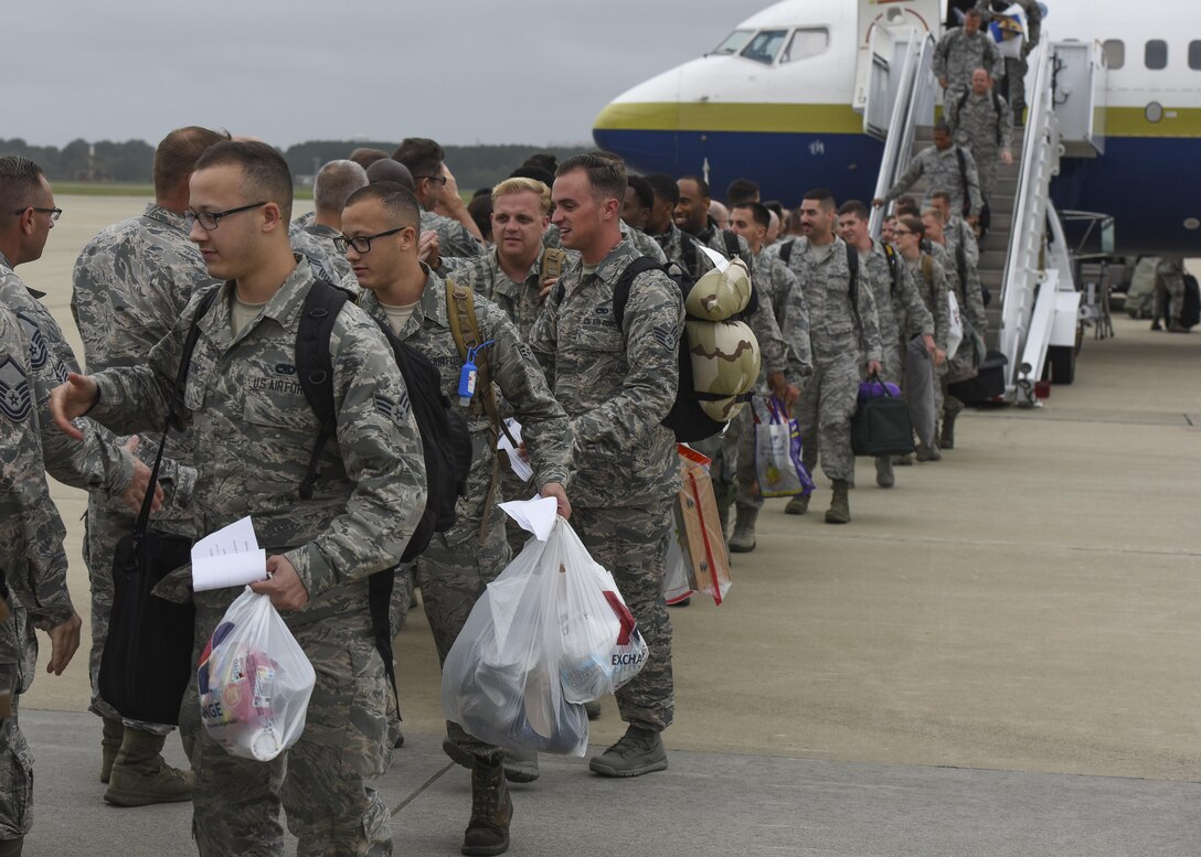 U.S. Air Force Airmen return to Joint Base Langley-Eustis, Va., Oct. 12, 2017, from their deployment in the Middle East supporting the 27th Fighter Squadron’s mission in Operation Inherent Resolve.