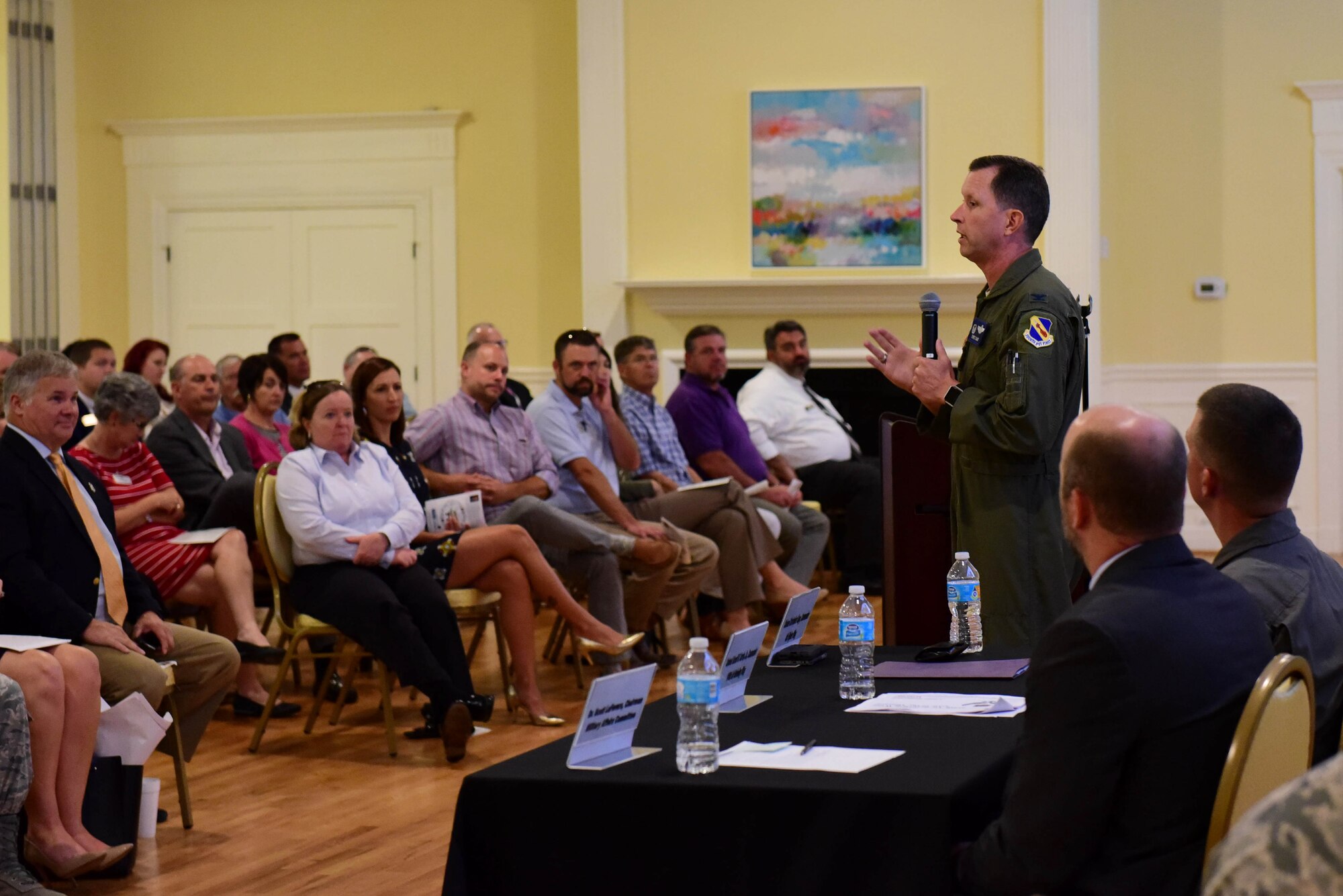 Col. Christopher Sage, 4th Fighter Wing commander, recaps Seymour Johnson Air Force Base events and major milestones during 2017 at the State of the Military, Oct. 10, 2017, at the Goldsboro Event Center in Goldsboro, North Carolina.