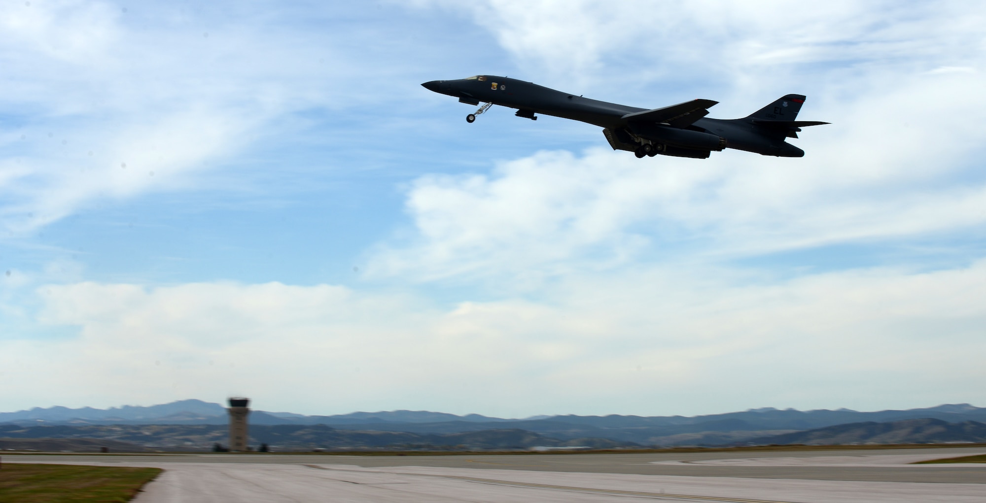 A B-1 bomber takes-off for exercise Combat Raider 18-1 at Ellsworth Air Force Base, S.D., Oct. 11, 2017. The purpose of the exercise is to test cohesion and coordination between multiple aircraft flying within a large simulated combat area to complete a scenario. (U.S. Air Force photo by Airman 1st Class Donald C. Knechtel)