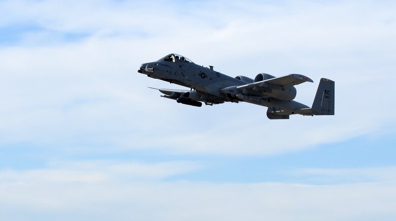 An Air Force Reserve A-10 Thunderbolt II fighter from Kansas City, Mo., participates in exercise Combat Raider 18-1 at Ellsworth Air Force Base, S.D., Oct. 11, 2017. Four A-10s joined Ellsworth aircrews in a joint military exercise over the Powder River Training Complex to prepare for their next deployment. (U.S. Air Force photo by Airman 1st Class Donald C. Knechtel)