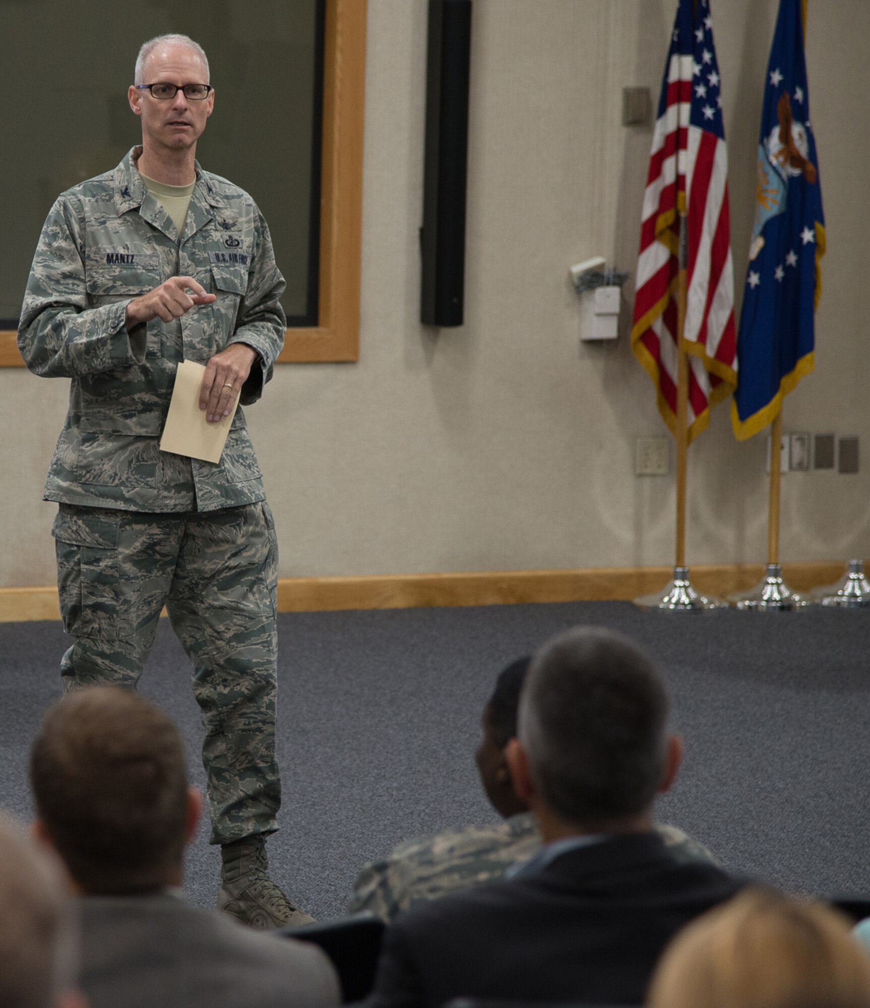 Col. Ryan Mantz, Air Force Life Cycle Management Center deputy Program Executive Officer and deputy of the Battle Management directorate, Hanscom Air Force Base, Mass., addresses attendees of the 2017 Hanscom Technology Expo Sept. 13, 2017.