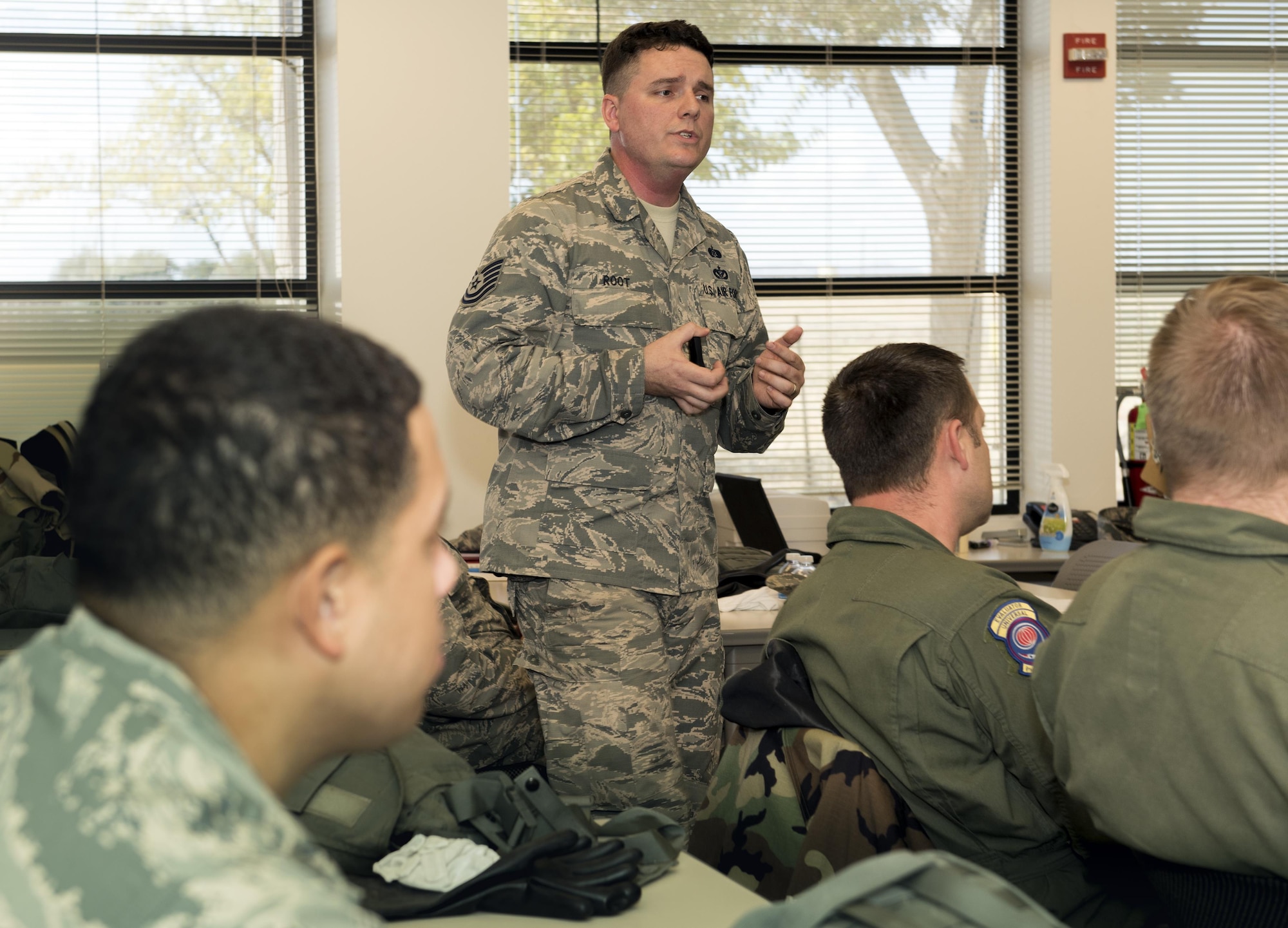 U. S. Air Force Airmen participate in a chemical, biological, radiological and nuclear defense survival skills training course taught by Tech Sgt. Donovan Root, 60th Civil Engineer Squadron on Travis Air Force Base, Calif., Sep. 21, 2017. The CBRN defense course consists of individual knowledge-based and demonstration performance objectives that provide an in-depth education on CBRN defense hazards and protective actions. (U.S. Air Force photo by Heide Couch)