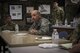 Gen. Mike Holmes, commander of Air Combat Command, center, listens to questions over lunch during his visit to the 20th Air Support Operations Squadron, Oct. 9, 2017, at Fort Drum, N.Y. Holmes visited Airmen belonging to the 14th, 20th and 682d ASOS, and 18th Weather Squadron Detachment 1 during Warfighters Exercise 18-1, to observe Airmen fully engaged in roles they would fill for the Army while downrange. (U.S. Air Force photo by Senior Airman Janiqua P. Robinson)