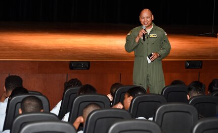 Col. Jimmy Canlas, 437th Airlift Wing commander, speaks to Junior Reserve Officer Training Corps members during Joint Base Charleston’s annual Career Day here Oct. 11, 2017, in South Carolina. Junior ROTC units attended Career Day to get a closer look at what it's like to serve in the U.S. Military. Career Day is a way for the base to connect with young, and possible future service members in the community. Approximately 250 Junior ROTC cadets had the opportunity to have a face-to-face interaction with service members representing the U.S. Army, U.S. Marine Corps, U.S. Navy, U.S. Air Force and U.S. Coast Guard.