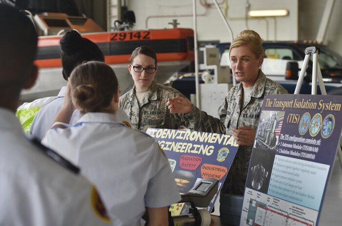 Airman 1st Class Cecilia Gillen, left, and Staff Sgt. Bridgette Brzezinski, both with the 628th Aerospace Medicine Squadron, talk to Junior Reserve Officer Training Corps members about their career field during Joint Base Charleston’s annual Career Day here, Oct. 11, in South Carolina. Junior ROTC units attended Career Day to get a closer look at what it's like to serve in the U.S. Military. Career Day is a way for the base to connect with young, and possible future service members in the community. Approximately 250 Junior ROTC cadets had the opportunity to have a face-to-face interaction with service members representing the U.S. Army, U.S. Marine Corps, U.S. Navy, U.S. Air Force and U.S. Coast Guard.