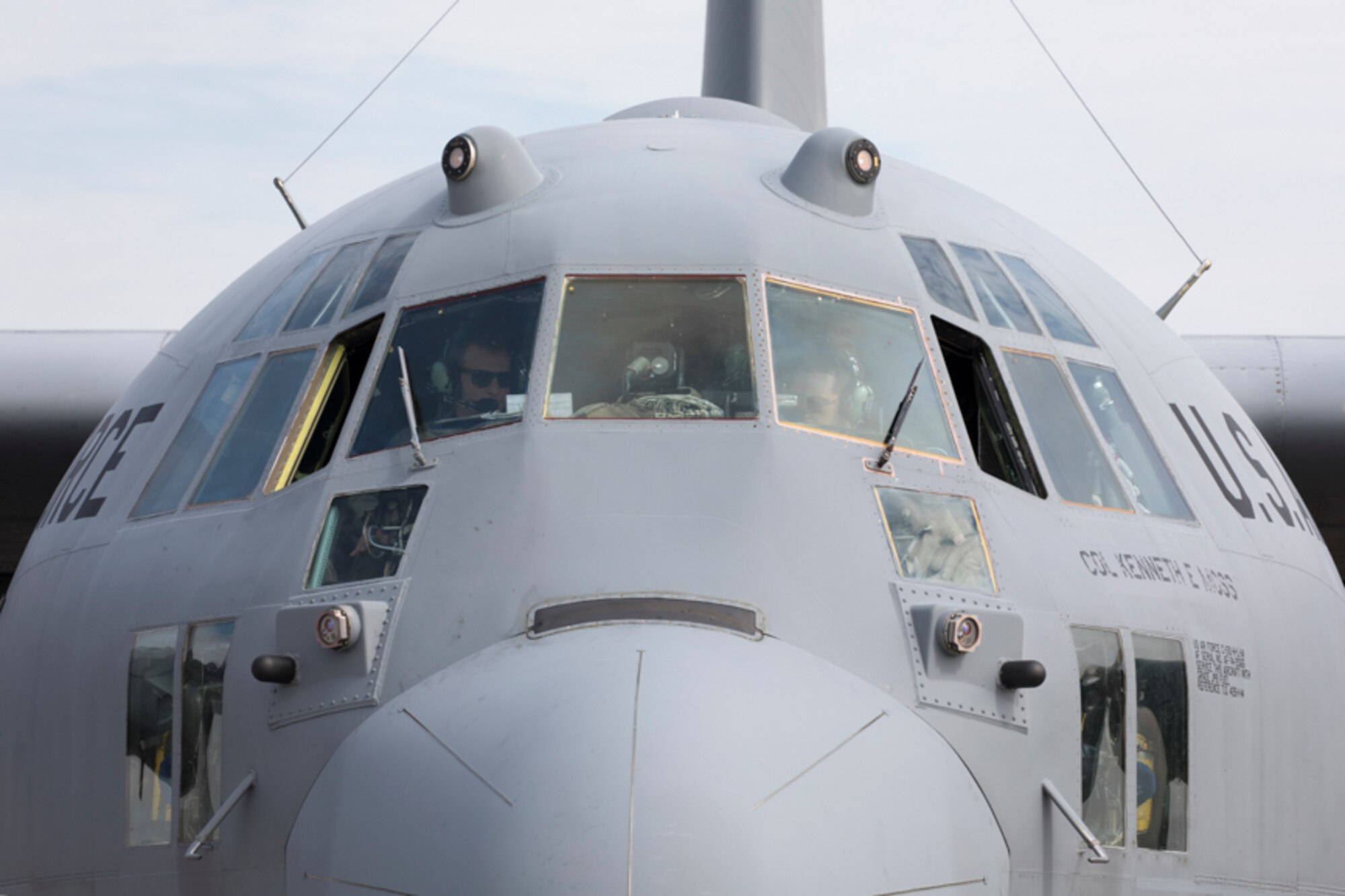 Capt. Thomas Bernard and Capt. Travis Wilkes, both 36th Airlift Squadron C-130H pilots, conduct their preflight checks prior to taking off to perform a tactical training mission at Yokota Air Base, Japan, Oct. 5, 2017. This is the last active duty C-130H Hercules tactical training sortie.