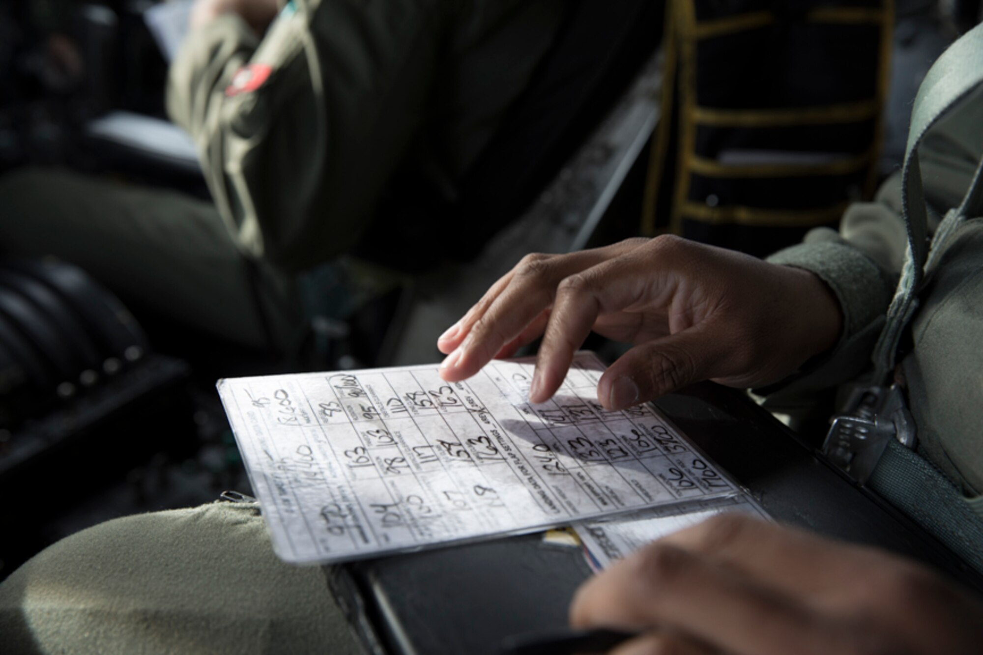 Tech. Sgt. Joshua Pittman, 36th Airlift Squadron C-130H flight engineer, checks a C-130 takeoff and landing data card during a tactical training sortie over Izu Peninsula, Japan, Oct. 5, 2017. The flight engineer is primarily concerned with the operation and monitoring of all aircraft systems.